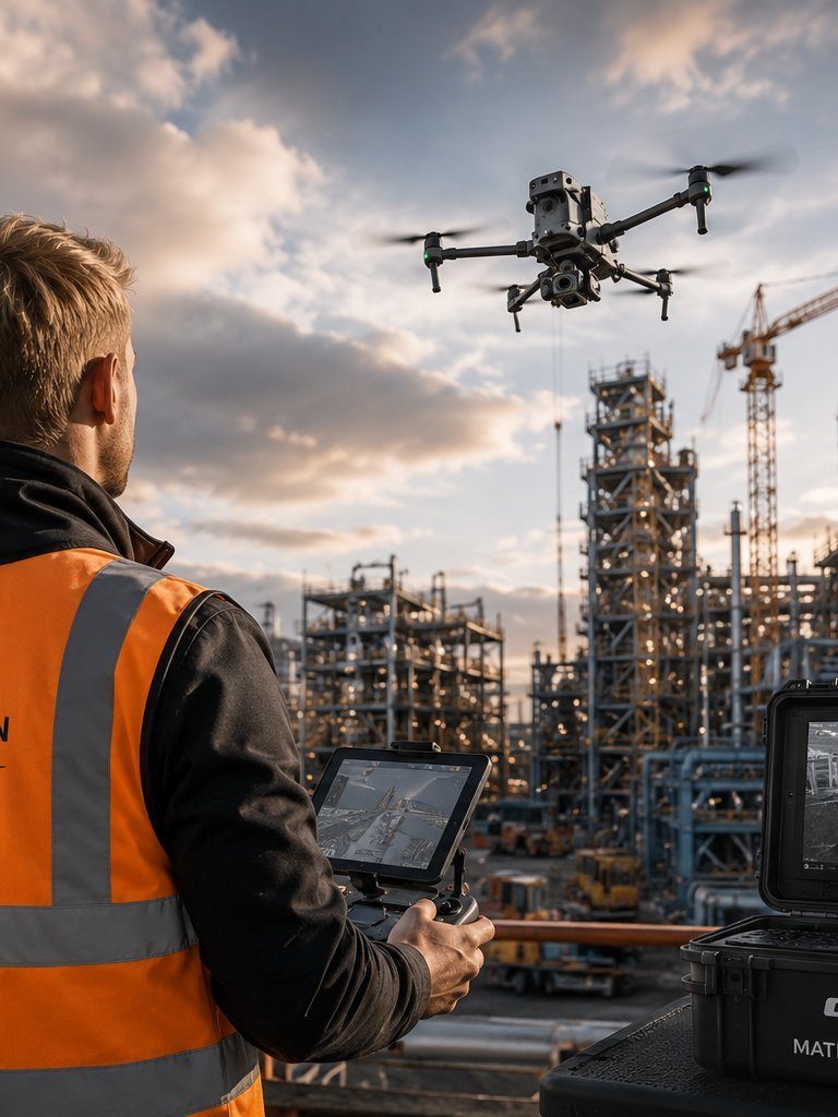 Télépilote professionnel AGF Drone Vision en mission d'inspection par drone sur chantier industriel
